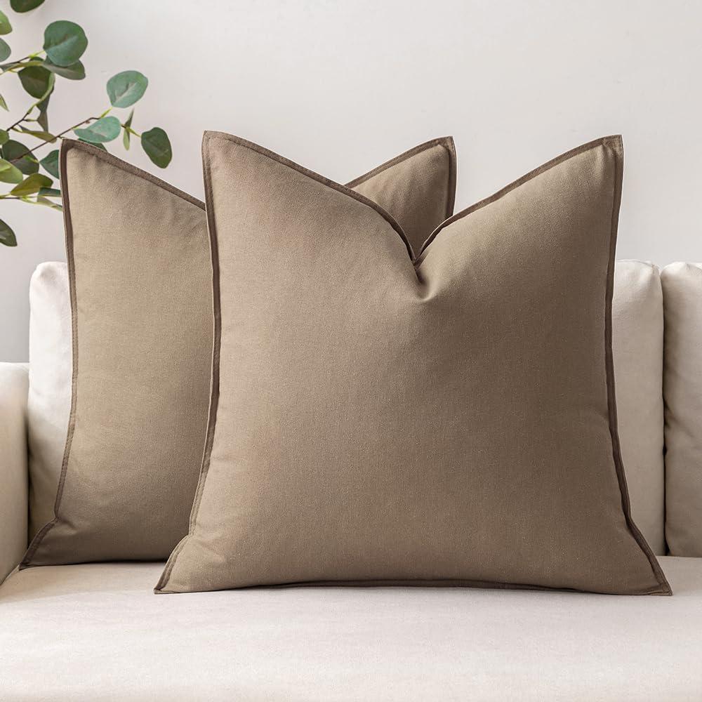 imageMIULEE Pack of 2 Decorative Linen Pillow Covers Boho Farmhouse Modern Soft Accent Throw Pillows Neutral Cushion Covers for Sofa Couch Bed Living Room Home Decor 18x18 Inch Olive GreenCoco Brown