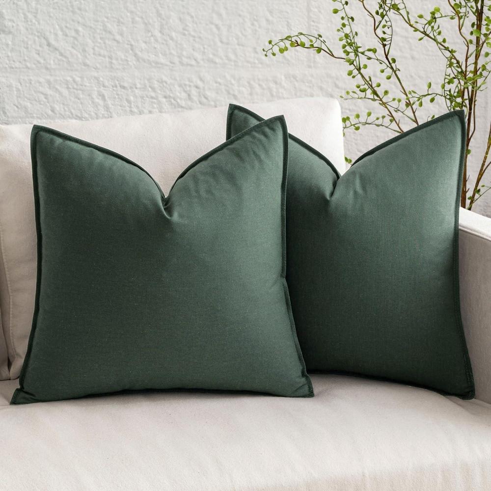 imageMIULEE Pack of 2 Decorative Linen Pillow Covers Boho Farmhouse Modern Soft Accent Throw Pillows Neutral Cushion Covers for Sofa Couch Bed Living Room Home Decor 18x18 Inch Olive GreenDark Green