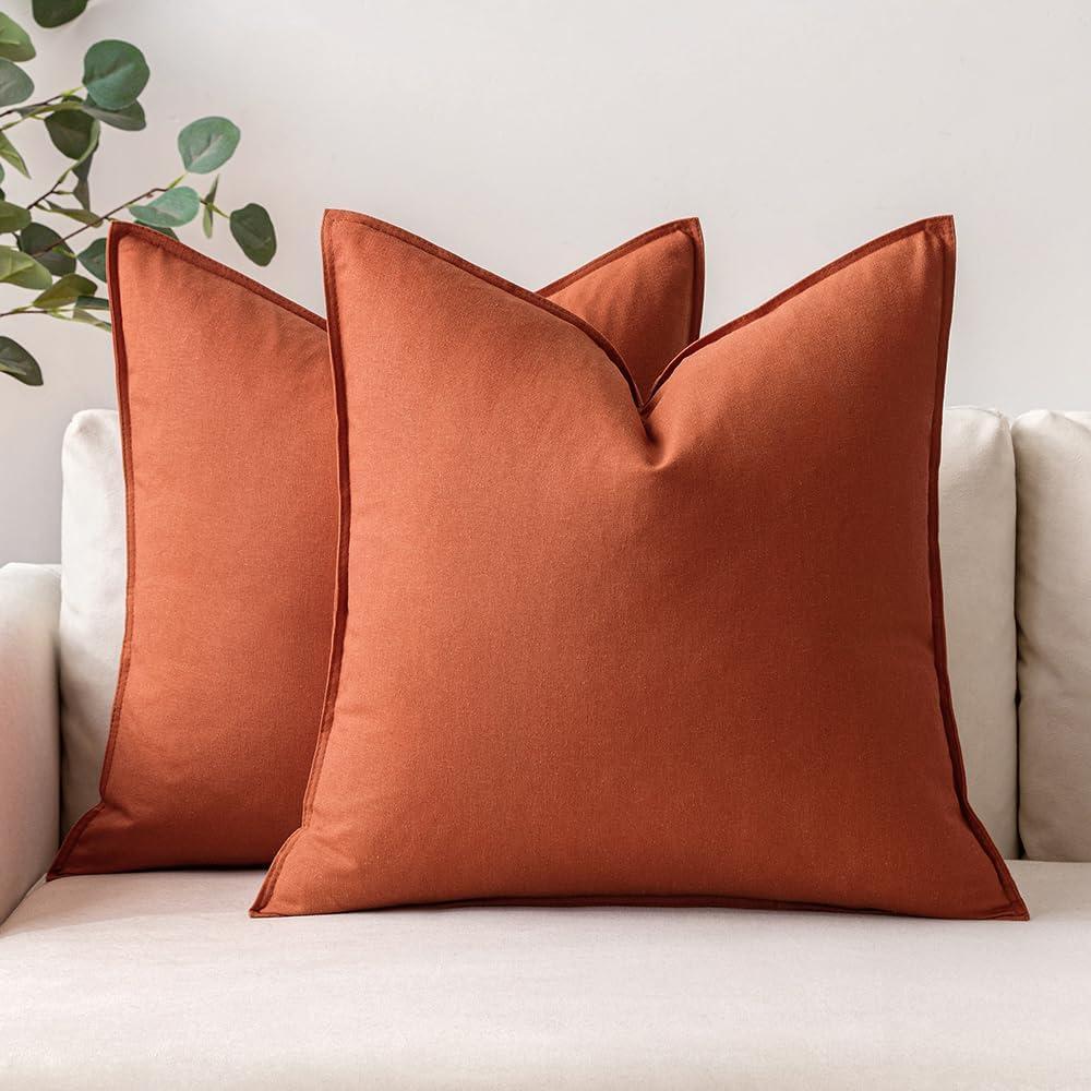 imageMIULEE Pack of 2 Decorative Linen Pillow Covers Boho Farmhouse Modern Soft Accent Throw Pillows Neutral Cushion Covers for Sofa Couch Bed Living Room Home Decor 18x18 Inch Olive GreenBurnt Orange