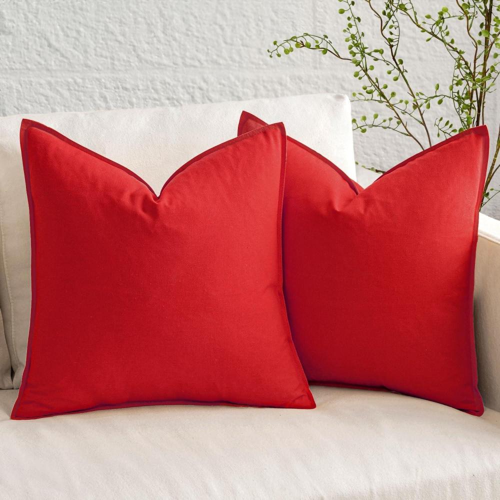imageMIULEE Pack of 2 Decorative Linen Pillow Covers Boho Farmhouse Modern Soft Accent Throw Pillows Neutral Cushion Covers for Sofa Couch Bed Living Room Home Decor 18x18 Inch Olive GreenChristmas Red
