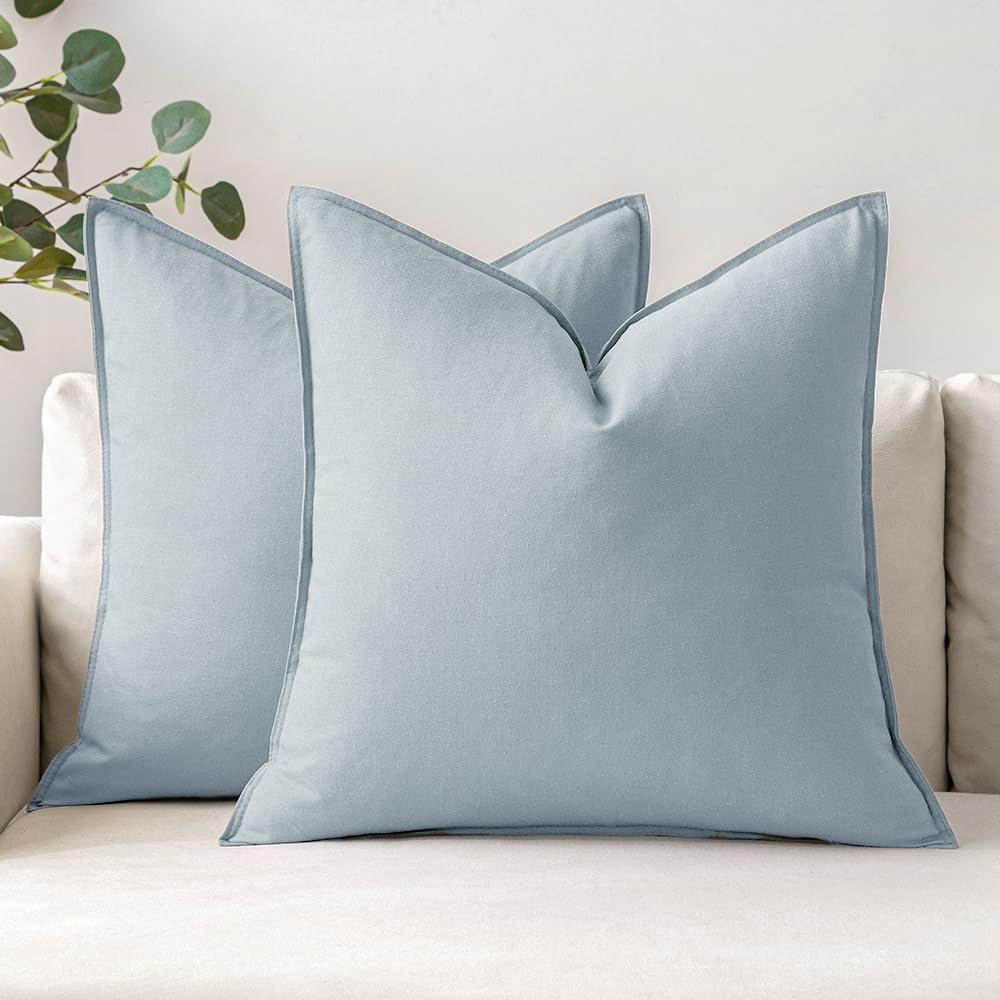 imageMIULEE Pack of 2 Decorative Linen Pillow Covers Boho Farmhouse Modern Soft Accent Throw Pillows Neutral Cushion Covers for Sofa Couch Bed Living Room Home Decor 18x18 Inch Olive GreenCoastal Blue