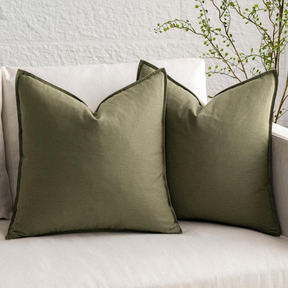 imageMIULEE Pack of 2 Decorative Linen Pillow Covers Boho Farmhouse Modern Soft Accent Throw Pillows Neutral Cushion Covers for Sofa Couch Bed Living Room Home Decor 18x18 Inch Olive GreenGreyish Green