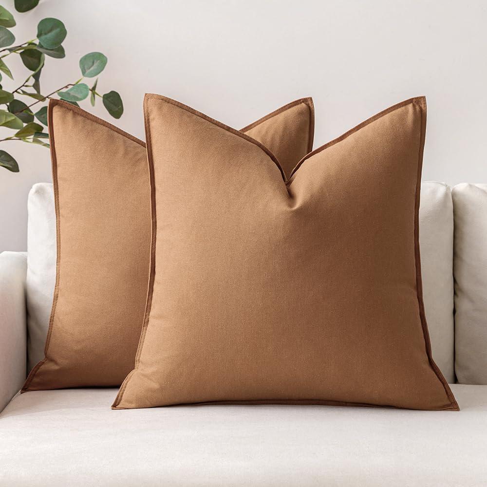 imageMIULEE Pack of 2 Decorative Linen Pillow Covers Boho Farmhouse Modern Soft Accent Throw Pillows Neutral Cushion Covers for Sofa Couch Bed Living Room Home Decor 18x18 Inch Olive GreenBrown