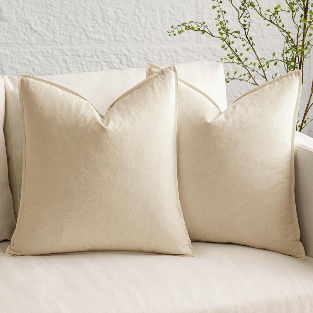 imageMIULEE Pack of 2 Decorative Linen Pillow Covers Boho Farmhouse Modern Soft Accent Throw Pillows Neutral Cushion Covers for Sofa Couch Bed Living Room Home Decor 18x18 Inch Olive GreenBeige
