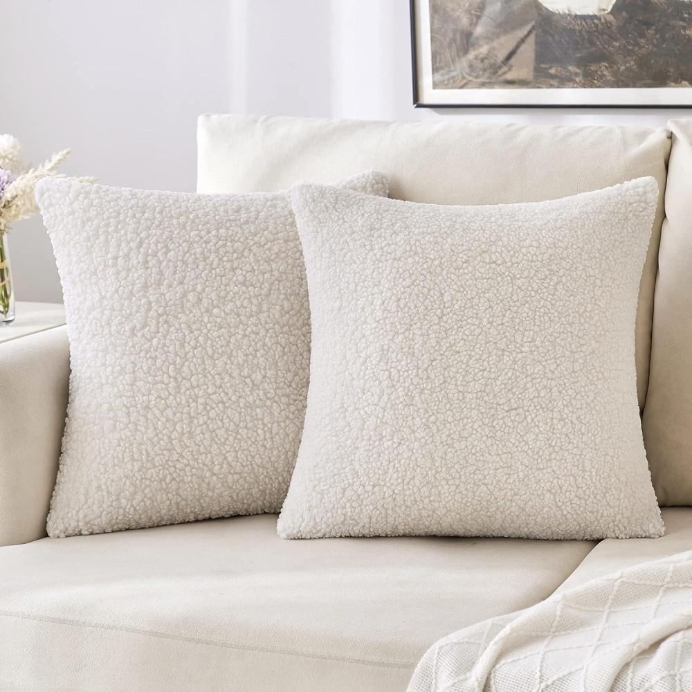 imageMIULEE Pack of 2 Decorative New Luxury Series Style Cream White Faux Fur Throw Pillow Covers Super Soft Wool Pillow Cases Cushion Covers for Sofa Bedroom Living Room 18x18 Inch 45x45 cm
