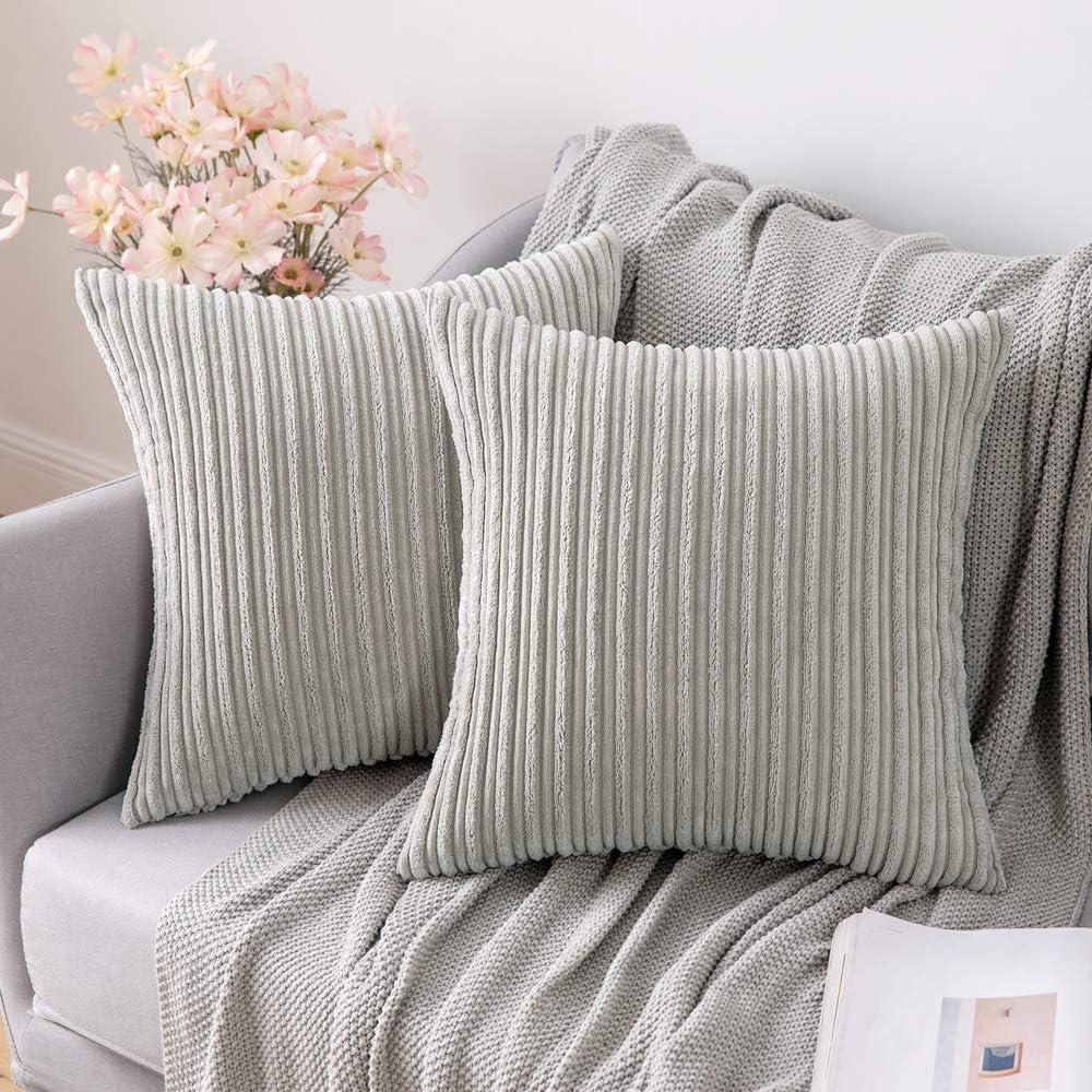 imageMIULEE Pack of 2 Decorative Stripe Fall Pillow Covers Solid Lumbar Pillowcases Modern Soft Corduroy Accent Cushion Case for Couch Sofa Bedroom 18 x 18 Inch Light Grey