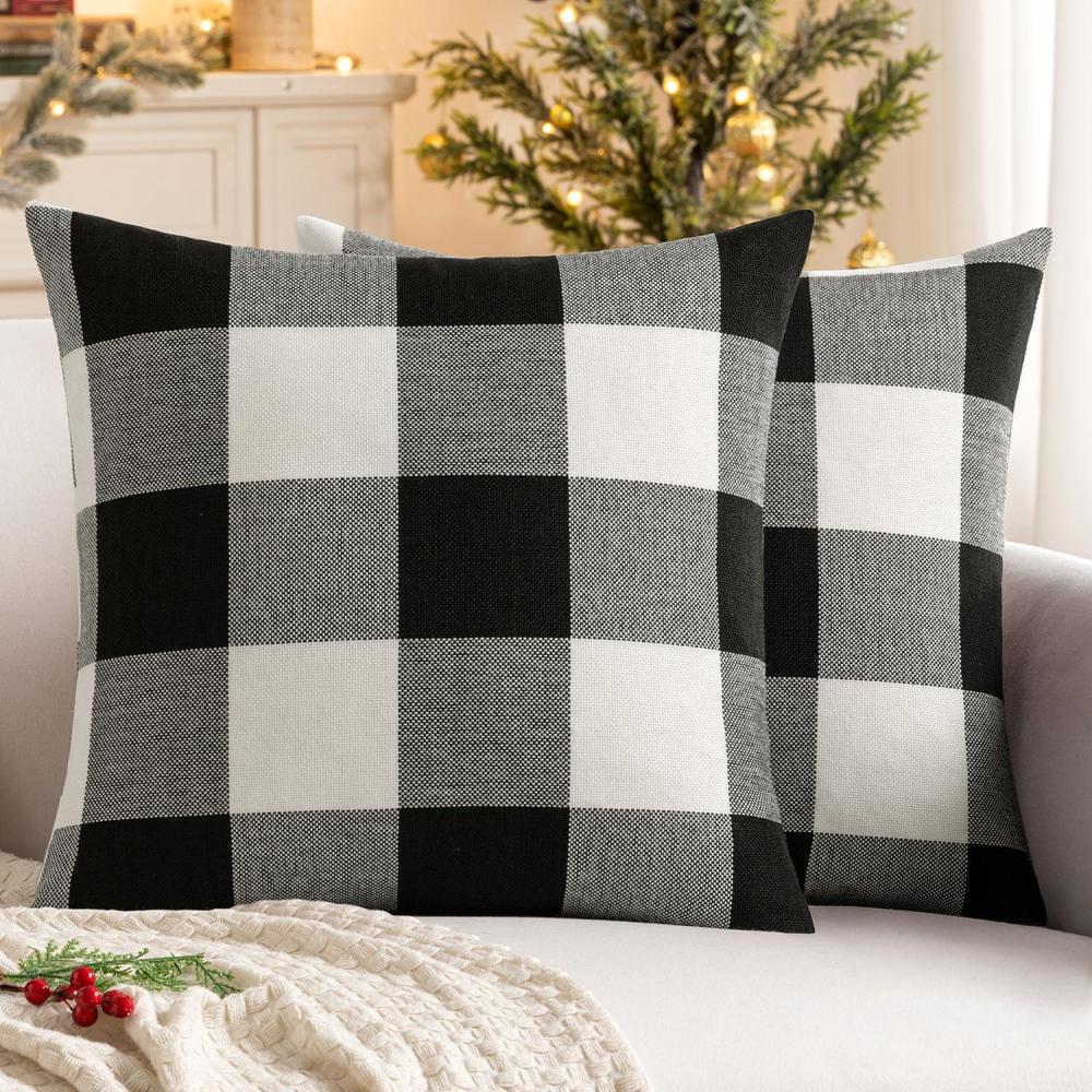 imageMIULEE Pack of 2 Farmhouse Buffalo Check Plaids Polyester Linen Soft Soild Decorative Square Throw Pillow Covers Outdoor Home Decor Cushion Case for Sofa Bedroom 18x18 Inch Cream White and WhiteBlack and White