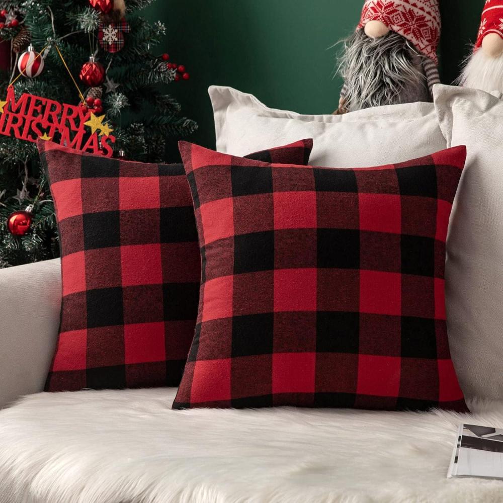 imageMIULEE Pack of 2 Farmhouse Buffalo Check Plaids Polyester Linen Soft Soild Decorative Square Throw Pillow Covers Outdoor Home Decor Cushion Case for Sofa Bedroom 18x18 Inch Cream White and WhiteBlack and Red