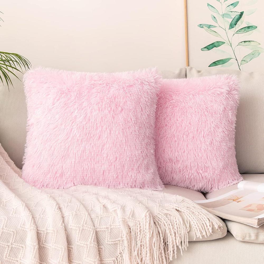imageMIULEE Pack of 2 Luxury Faux Fur Throw Pillow Cover Deluxe Winter Decorative Plush Pillow Case Cushion Cover Shell for Sofa Bedroom Car 16 x 16 Inch BeigePink