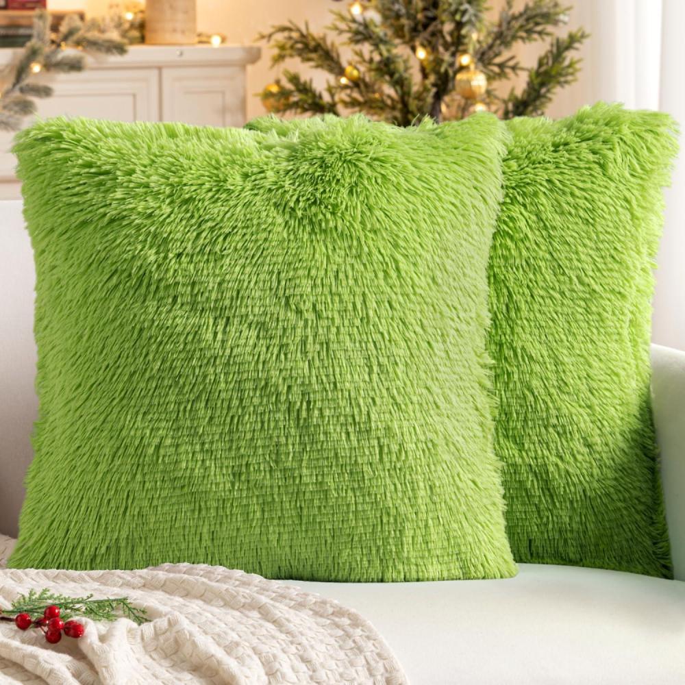 imageMIULEE Pack of 2 Luxury Faux Fur Throw Pillow Cover Deluxe Winter Decorative Plush Pillow Case Cushion Cover Shell for Sofa Bedroom Car 16 x 16 Inch BeigeGreen