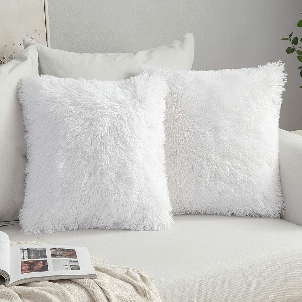 imageMIULEE Pack of 2 Luxury Faux Fur Throw Pillow Cover Deluxe Winter Decorative Plush Pillow Case Cushion Cover Shell for Sofa Bedroom Car 16 x 16 Inch BeigeWhite