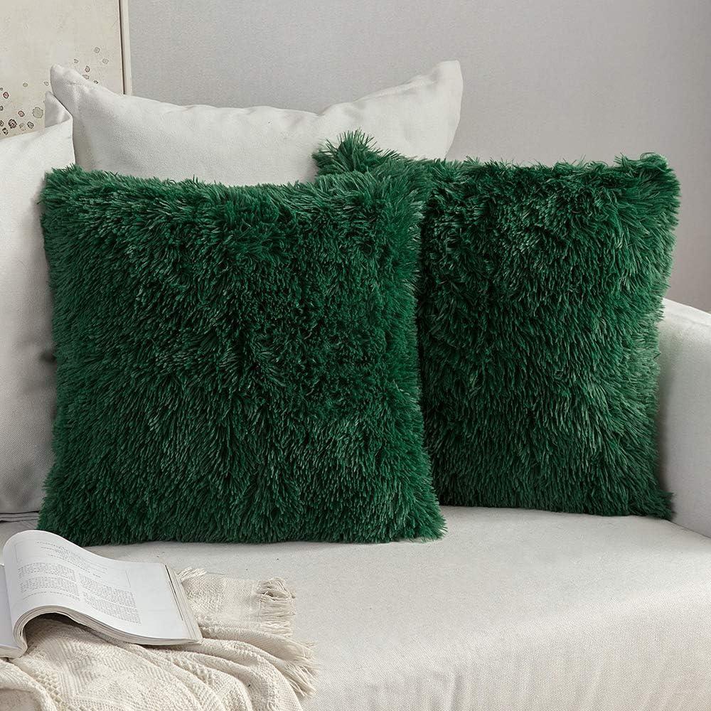 imageMIULEE Pack of 2 Luxury Faux Fur Throw Pillow Cover Deluxe Winter Decorative Plush Pillow Case Cushion Cover Shell for Sofa Bedroom Car 16 x 16 Inch BeigeDark Green