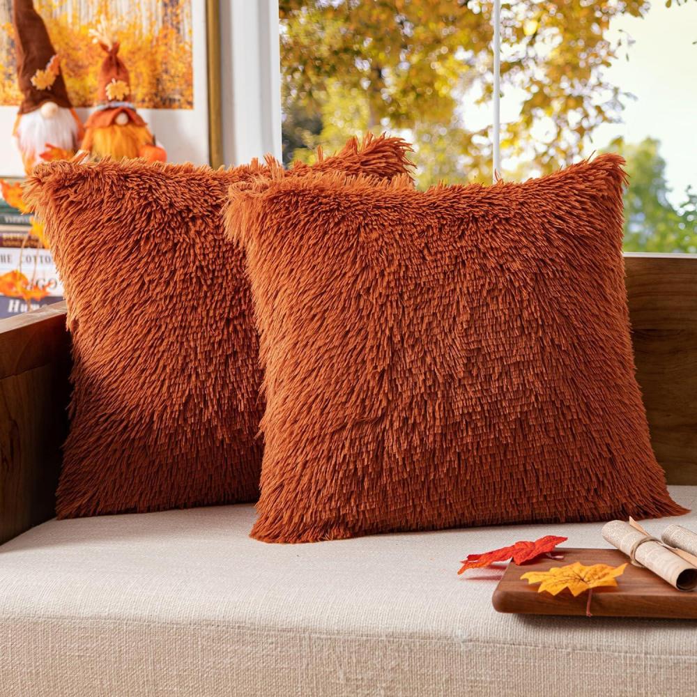 imageMIULEE Pack of 2 Luxury Faux Fur Throw Pillow Cover Deluxe Winter Decorative Plush Pillow Case Cushion Cover Shell for Sofa Bedroom Car 16 x 16 Inch BeigeBurnt Orange