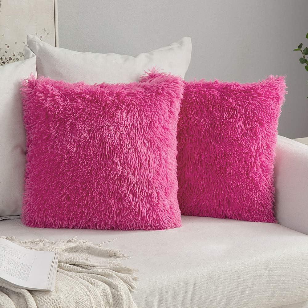 imageMIULEE Pack of 2 Luxury Faux Fur Throw Pillow Cover Deluxe Winter Decorative Plush Pillow Case Cushion Cover Shell for Sofa Bedroom Car 16 x 16 Inch BeigeHot Pink
