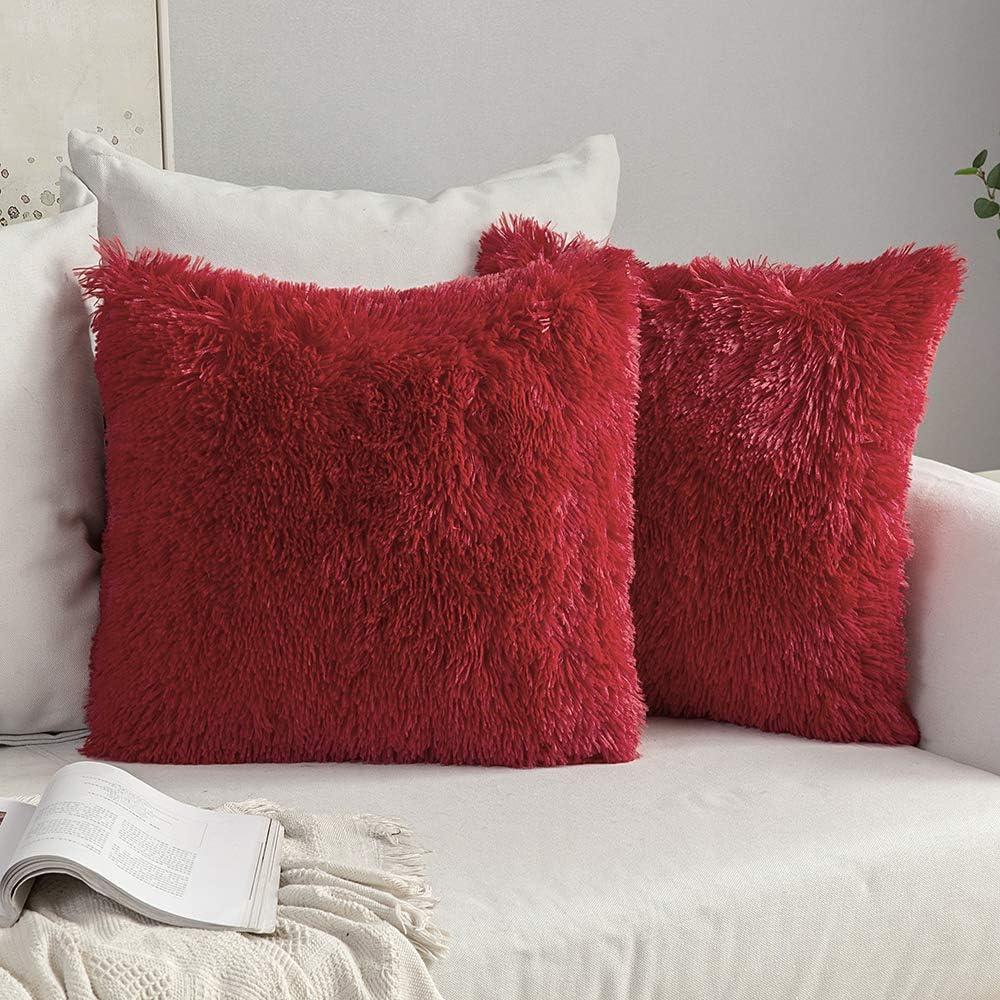imageMIULEE Pack of 2 Luxury Faux Fur Throw Pillow Cover Deluxe Winter Decorative Plush Pillow Case Cushion Cover Shell for Sofa Bedroom Car 16 x 16 Inch BeigeRed
