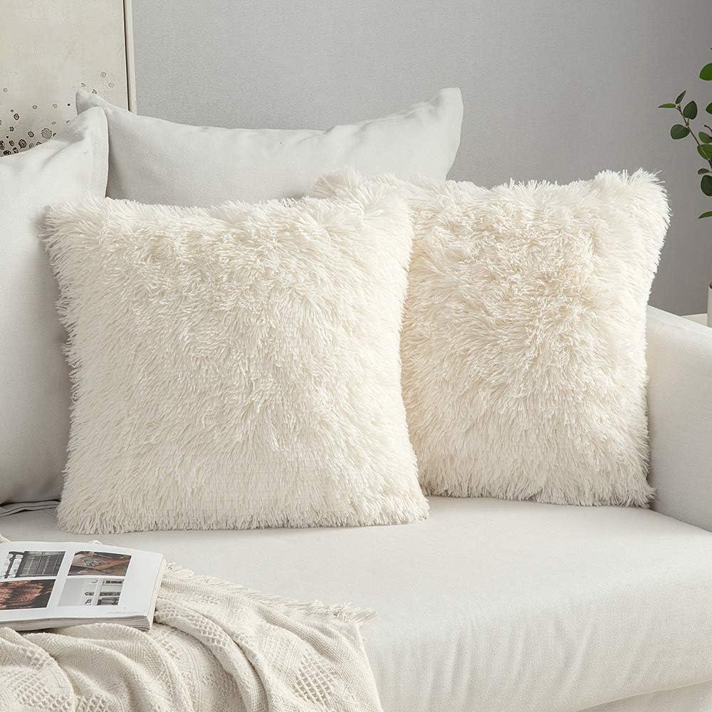 imageMIULEE Pack of 2 Luxury Faux Fur Throw Pillow Cover Deluxe Winter Decorative Plush Pillow Case Cushion Cover Shell for Sofa Bedroom Car 16 x 16 Inch BeigeBeige