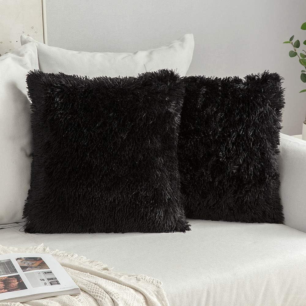 imageMIULEE Pack of 2 Luxury Faux Fur Throw Pillow Cover Deluxe Winter Decorative Plush Pillow Case Cushion Cover Shell for Sofa Bedroom Car 16 x 16 Inch BeigeBlack