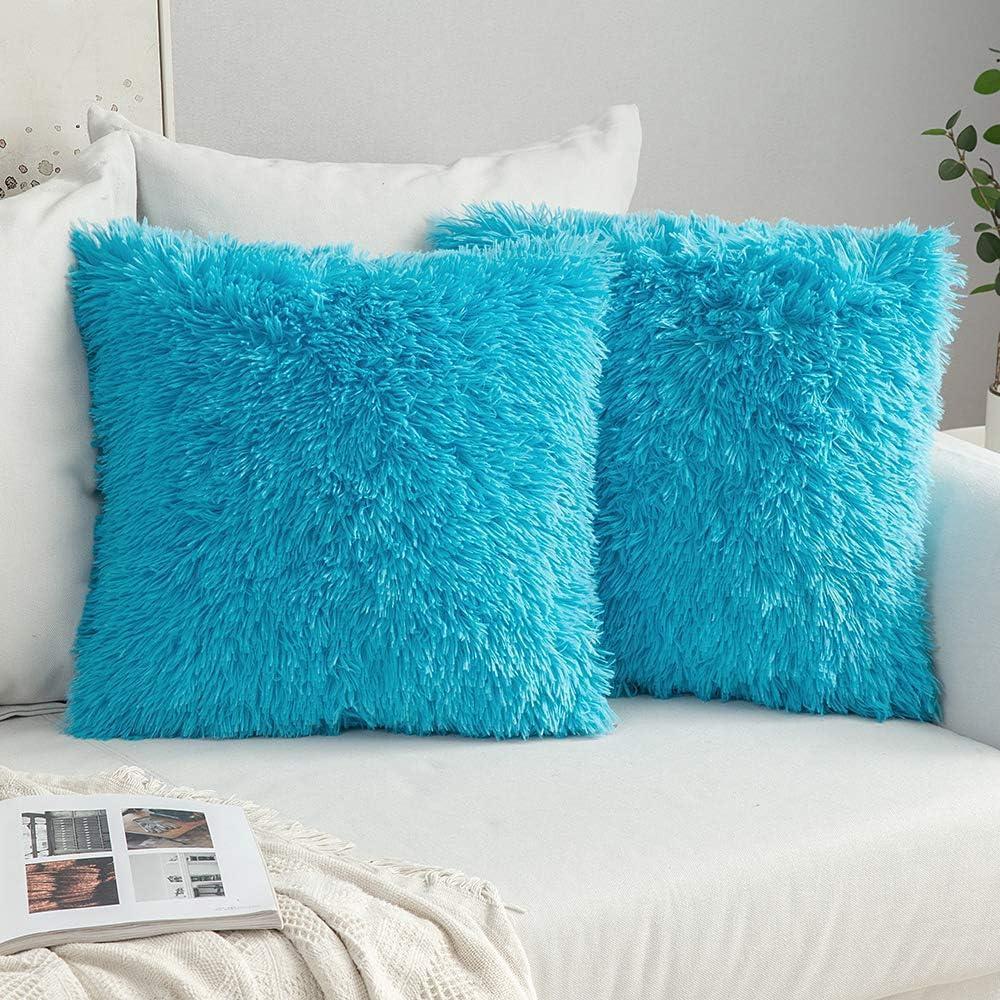 imageMIULEE Pack of 2 Luxury Faux Fur Throw Pillow Cover Deluxe Winter Decorative Plush Pillow Case Cushion Cover Shell for Sofa Bedroom Car 16 x 16 Inch BeigeLittle Blue