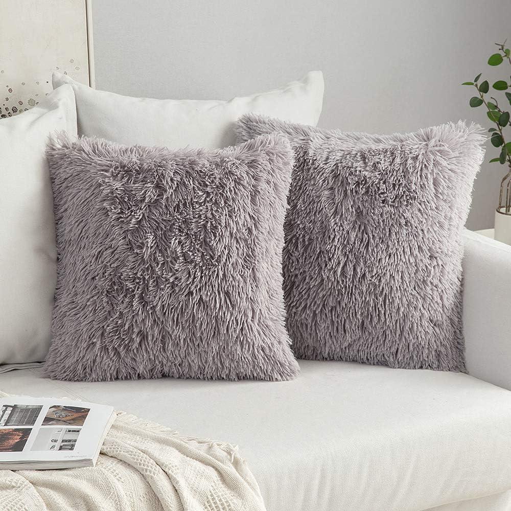 imageMIULEE Pack of 2 Luxury Faux Fur Throw Pillow Cover Deluxe Winter Decorative Plush Pillow Case Cushion Cover Shell for Sofa Bedroom Car 16 x 16 Inch BeigeGrey