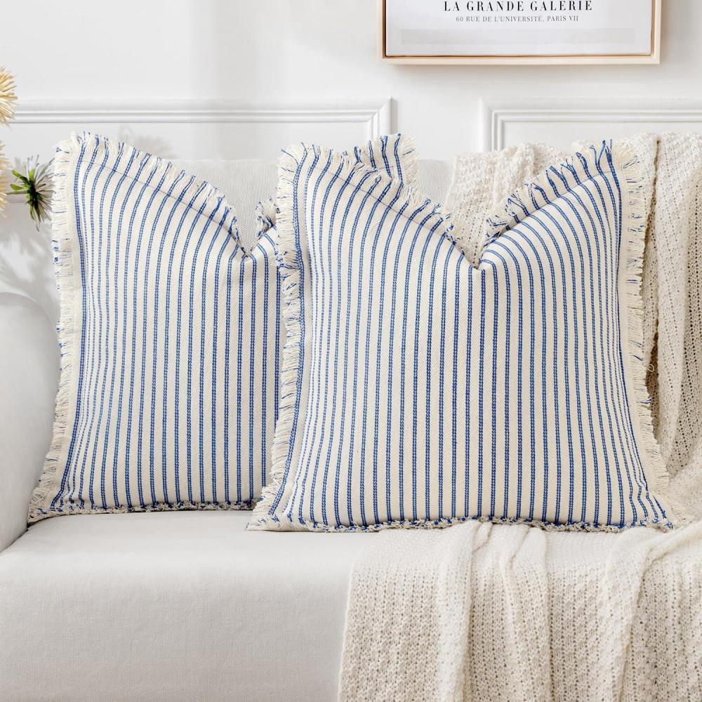 imageMIULEE Pack of 2 Rust Pillow Covers 26x26 Inch Striped Farmhouse Couch Throw Pillow Covers with Fringe Chic Linen Decorative Cushion Eruo Sham for Sofa Living Room Bed Outdoor Home DecorRoyal Blue