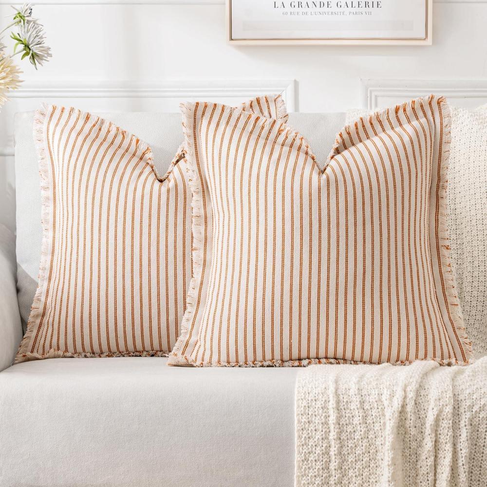 imageMIULEE Pack of 2 Rust Pillow Covers 26x26 Inch Striped Farmhouse Couch Throw Pillow Covers with Fringe Chic Linen Decorative Cushion Eruo Sham for Sofa Living Room Bed Outdoor Home DecorOrange