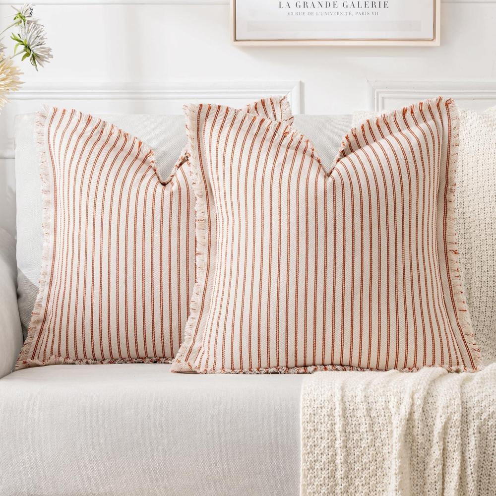 imageMIULEE Pack of 2 Rust Pillow Covers 26x26 Inch Striped Farmhouse Couch Throw Pillow Covers with Fringe Chic Linen Decorative Cushion Eruo Sham for Sofa Living Room Bed Outdoor Home DecorRust