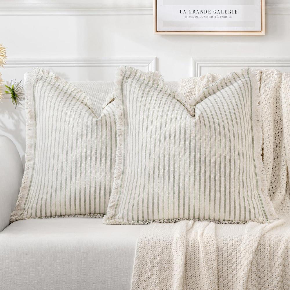 imageMIULEE Pack of 2 Rust Pillow Covers 26x26 Inch Striped Farmhouse Couch Throw Pillow Covers with Fringe Chic Linen Decorative Cushion Eruo Sham for Sofa Living Room Bed Outdoor Home DecorSage Green