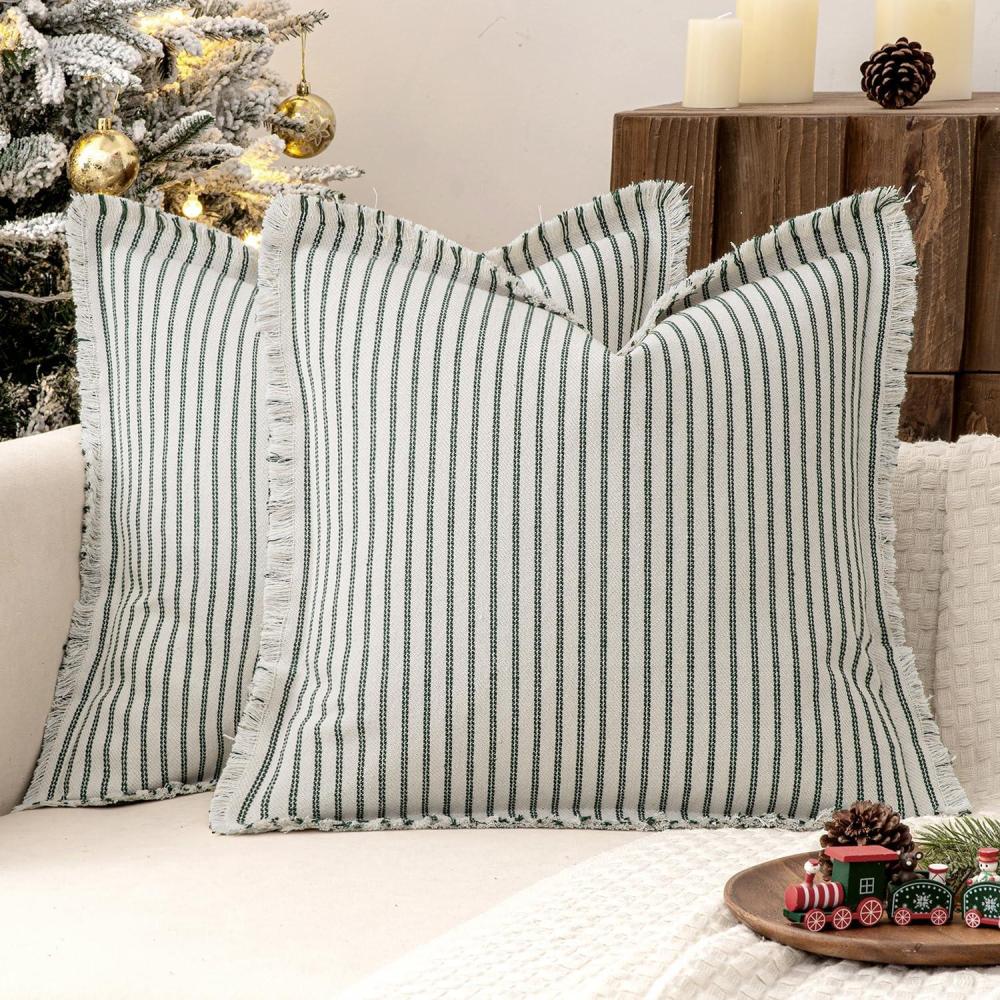 imageMIULEE Pack of 2 Rust Pillow Covers 26x26 Inch Striped Farmhouse Couch Throw Pillow Covers with Fringe Chic Linen Decorative Cushion Eruo Sham for Sofa Living Room Bed Outdoor Home DecorDark Green
