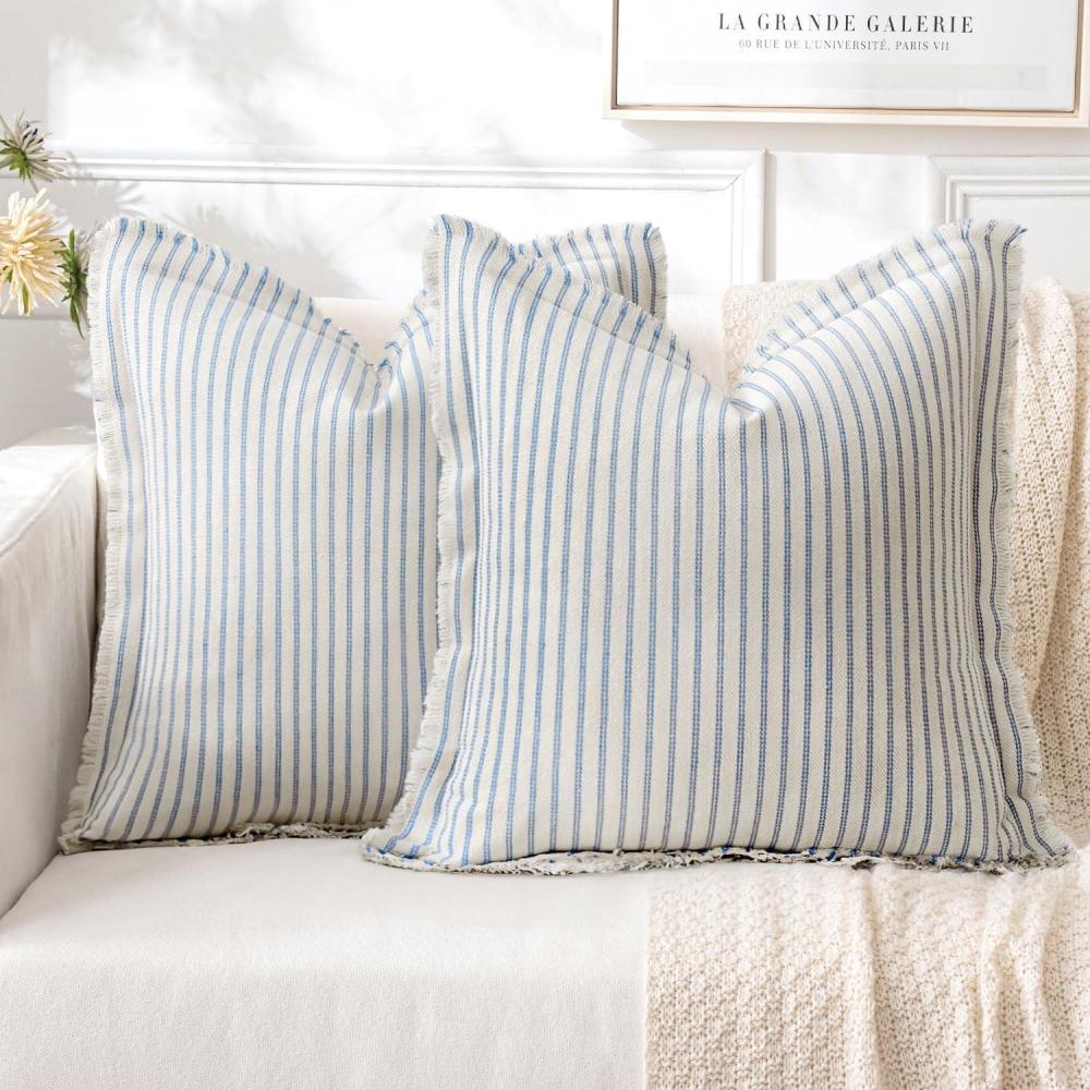 imageMIULEE Pack of 2 Rust Pillow Covers 26x26 Inch Striped Farmhouse Couch Throw Pillow Covers with Fringe Chic Linen Decorative Cushion Eruo Sham for Sofa Living Room Bed Outdoor Home DecorLight Blue