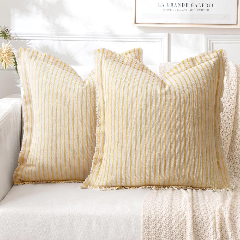 imageMIULEE Pack of 2 Rust Pillow Covers 26x26 Inch Striped Farmhouse Couch Throw Pillow Covers with Fringe Chic Linen Decorative Cushion Eruo Sham for Sofa Living Room Bed Outdoor Home DecorYellow