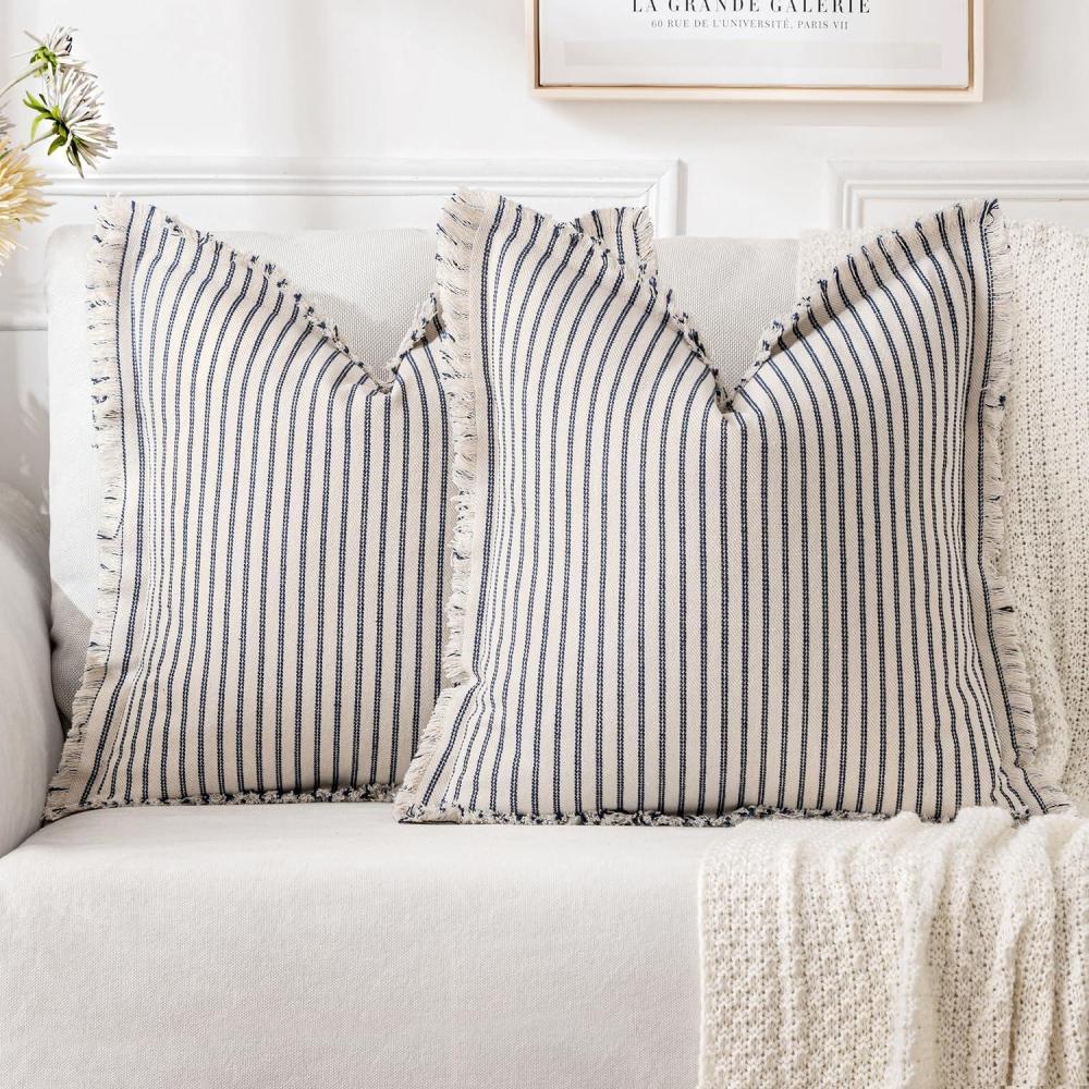 imageMIULEE Pack of 2 Rust Pillow Covers 26x26 Inch Striped Farmhouse Couch Throw Pillow Covers with Fringe Chic Linen Decorative Cushion Eruo Sham for Sofa Living Room Bed Outdoor Home DecorNavy Blue