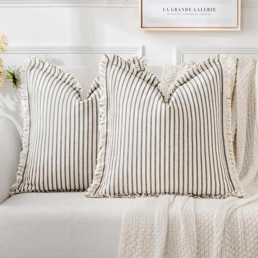 imageMIULEE Pack of 2 Rust Pillow Covers 26x26 Inch Striped Farmhouse Couch Throw Pillow Covers with Fringe Chic Linen Decorative Cushion Eruo Sham for Sofa Living Room Bed Outdoor Home DecorGray