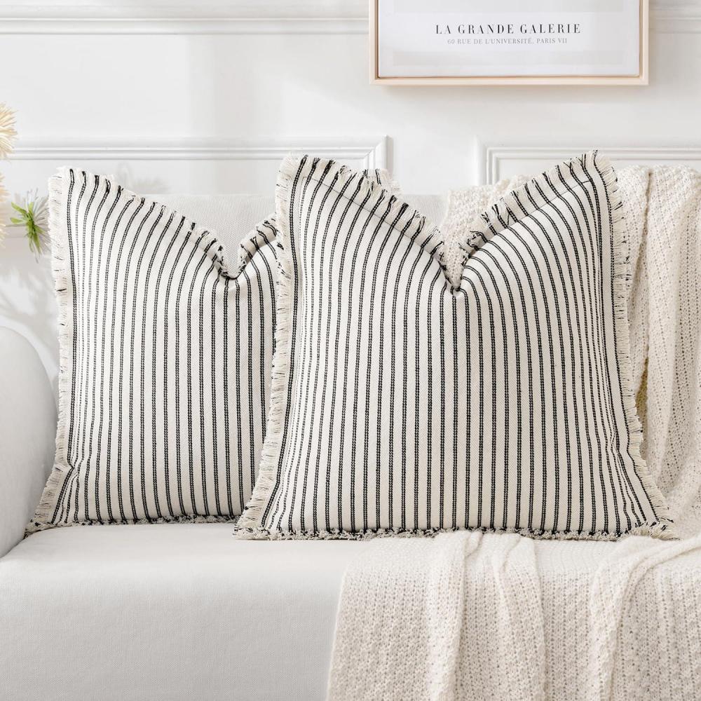 imageMIULEE Pack of 2 Rust Pillow Covers 26x26 Inch Striped Farmhouse Couch Throw Pillow Covers with Fringe Chic Linen Decorative Cushion Eruo Sham for Sofa Living Room Bed Outdoor Home DecorBlack