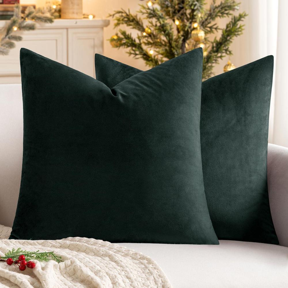 imageMIULEE Pack of 2 Velvet Soft Solid Decorative Square Throw Pillow Covers Christmas Cushion Case for Couch Sofa Bedroom Car 18x18 Inch 45x45 cm GreenArmy Green