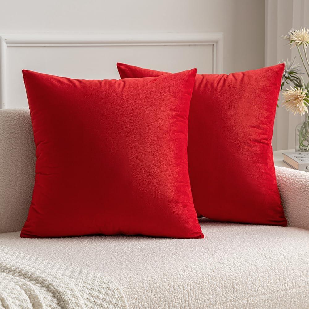imageMIULEE Pack of 2 Velvet Soft Solid Decorative Square Throw Pillow Covers Christmas Cushion Case for Couch Sofa Bedroom Car 18x18 Inch 45x45 cm GreenBright Red