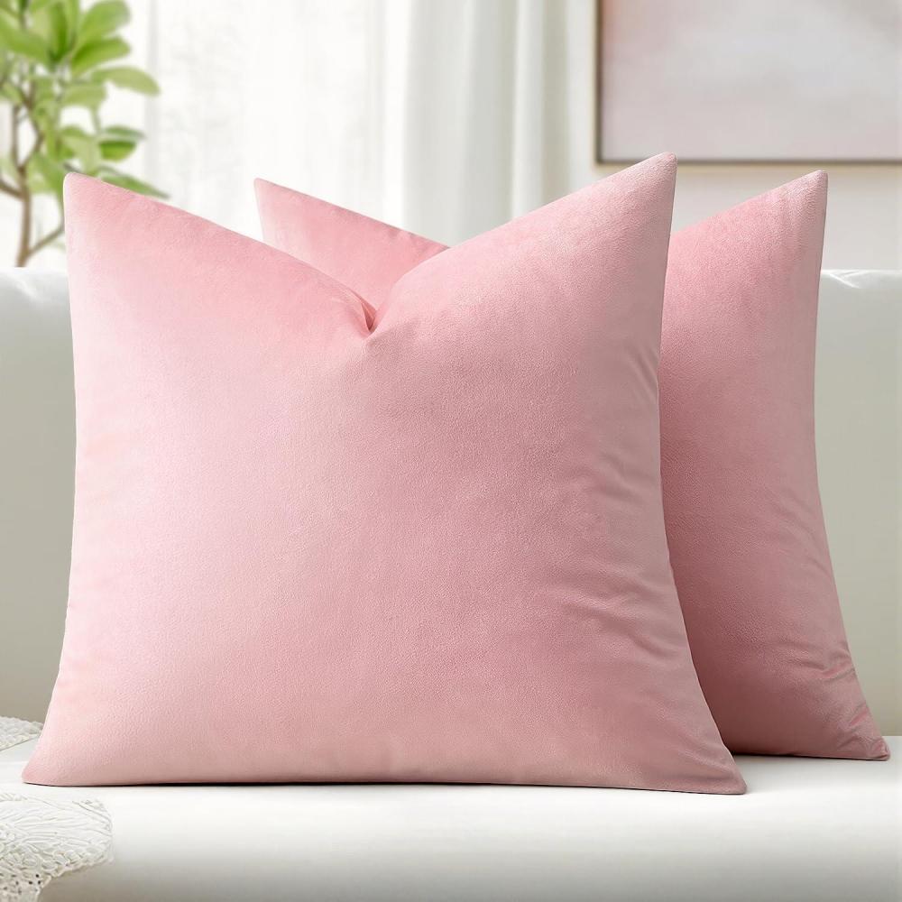 imageMIULEE Pack of 2 Velvet Soft Solid Decorative Square Throw Pillow Covers Christmas Cushion Case for Couch Sofa Bedroom Car 18x18 Inch 45x45 cm GreenBright Pink