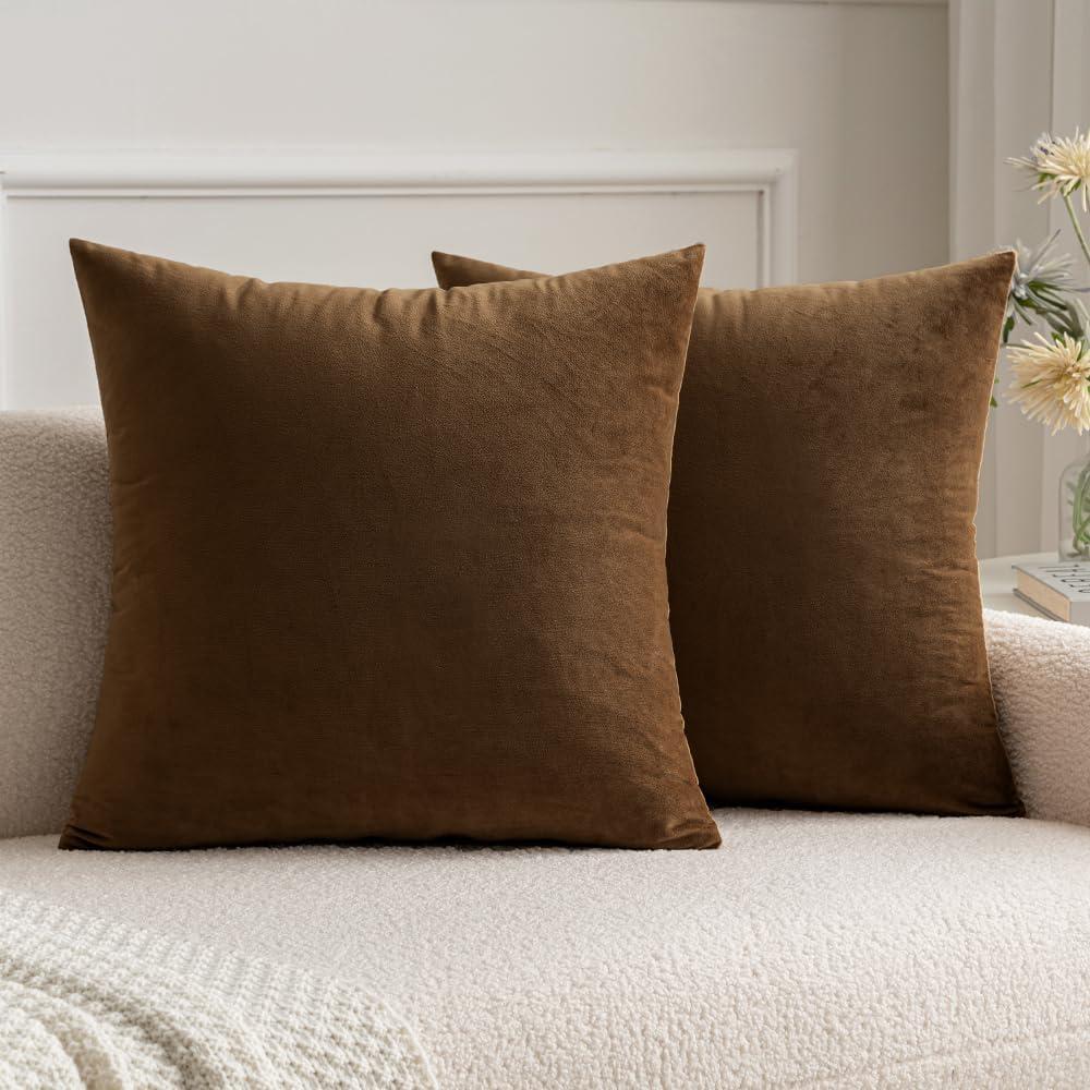 imageMIULEE Pack of 2 Velvet Soft Solid Decorative Square Throw Pillow Covers Christmas Cushion Case for Couch Sofa Bedroom Car 18x18 Inch 45x45 cm GreenChocolate