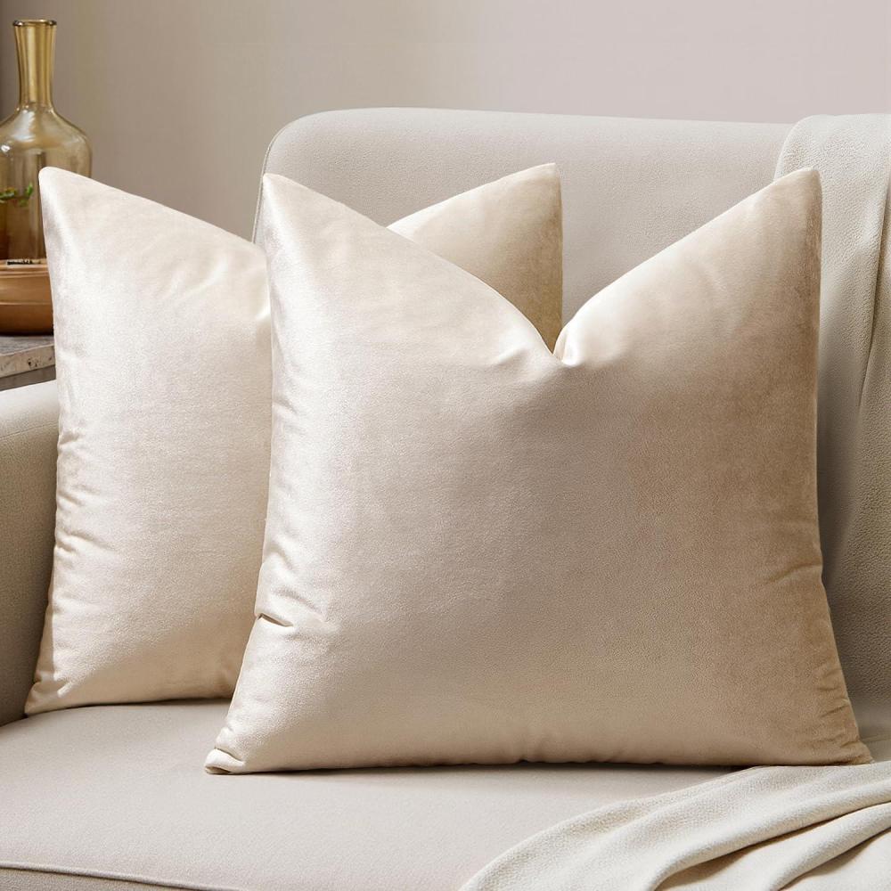 imageMIULEE Pack of 2 Velvet Soft Solid Decorative Square Throw Pillow Covers Christmas Cushion Case for Couch Sofa Bedroom Car 18x18 Inch 45x45 cm GreenChampagne