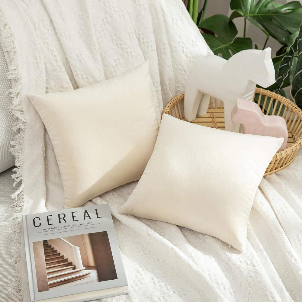 imageMIULEE Pack of 2 Velvet Soft Solid Decorative Square Throw Pillow Covers Christmas Cushion Case for Couch Sofa Bedroom Car 18x18 Inch 45x45 cm GreenCream White