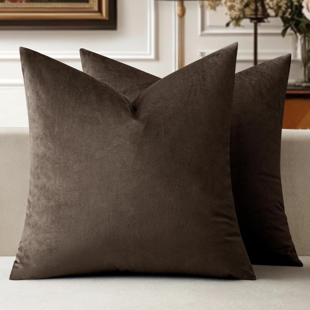 imageMIULEE Pack of 2 Velvet Soft Solid Decorative Square Throw Pillow Covers Christmas Cushion Case for Couch Sofa Bedroom Car 18x18 Inch 45x45 cm GreenDark Coffee