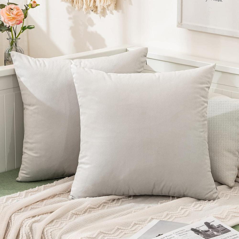 imageMIULEE Pack of 2 Velvet Soft Solid Decorative Square Throw Pillow Covers Christmas Cushion Case for Couch Sofa Bedroom Car 18x18 Inch 45x45 cm GreenGreyish White