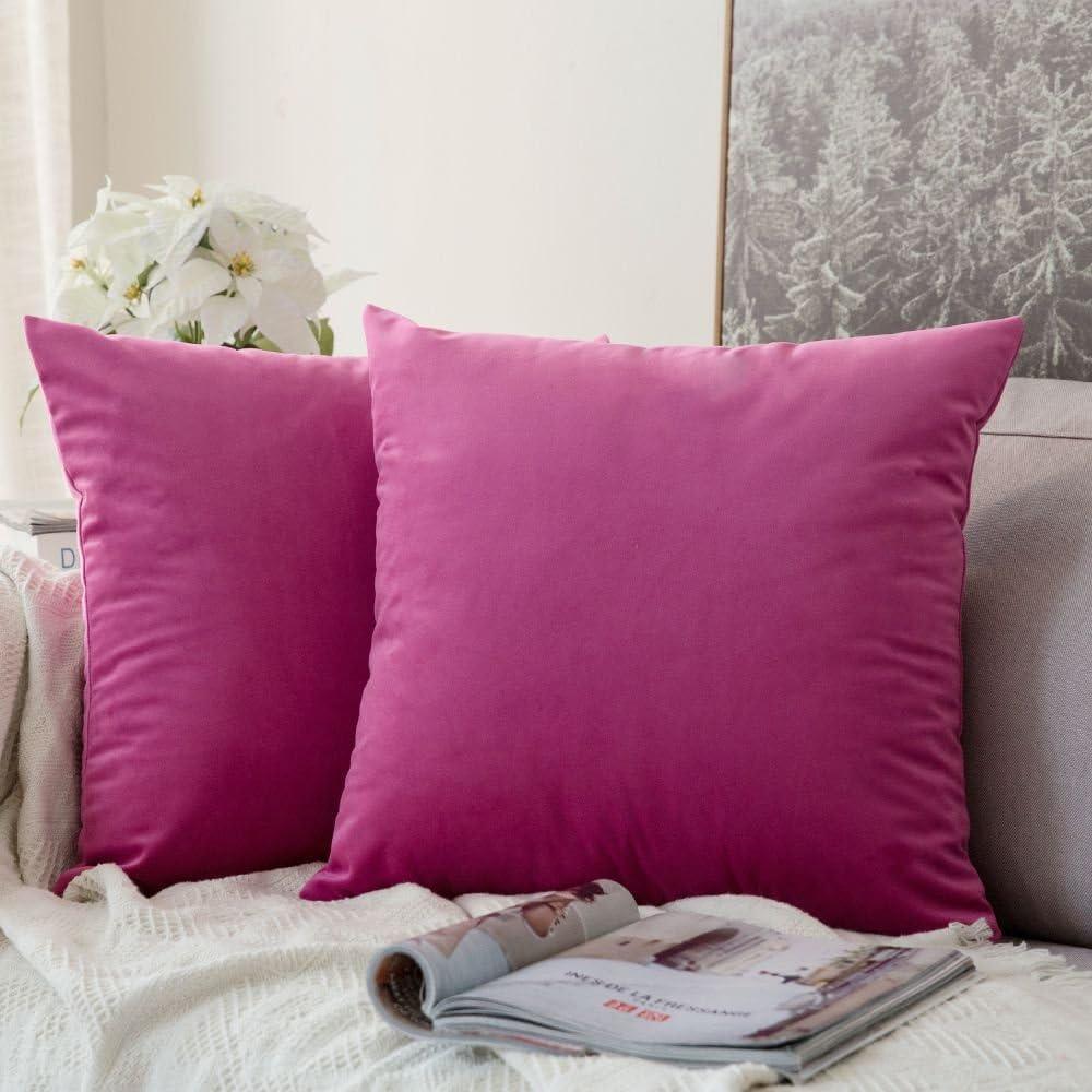 imageMIULEE Pack of 2 Velvet Soft Solid Decorative Square Throw Pillow Covers Christmas Cushion Case for Couch Sofa Bedroom Car 18x18 Inch 45x45 cm GreenHot Pink