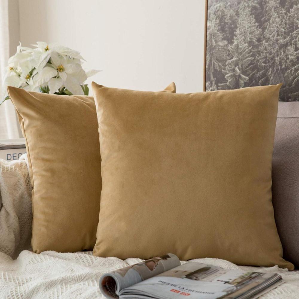 imageMIULEE Pack of 2 Velvet Soft Solid Decorative Square Throw Pillow Covers Christmas Cushion Case for Couch Sofa Bedroom Car 18x18 Inch 45x45 cm GreenKhaki