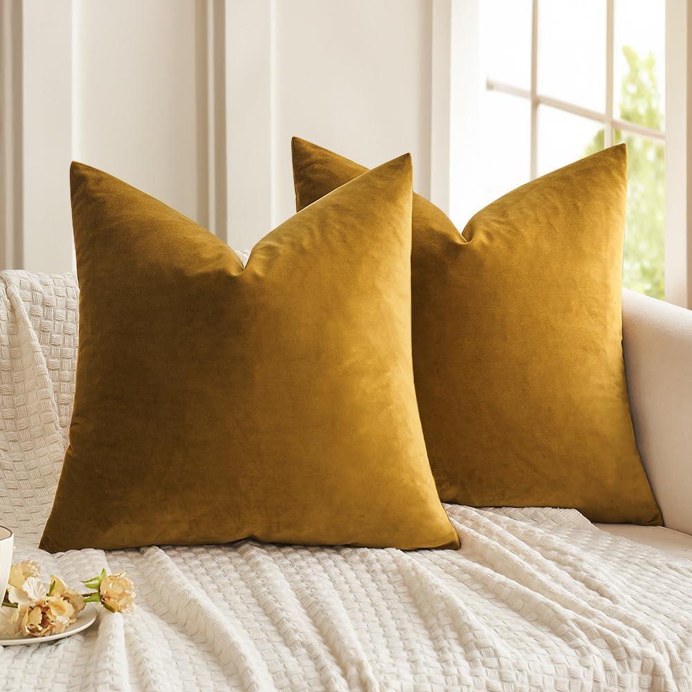 imageMIULEE Pack of 2 Velvet Soft Solid Decorative Square Throw Pillow Covers Christmas Cushion Case for Couch Sofa Bedroom Car 18x18 Inch 45x45 cm GreenMustard Yellow