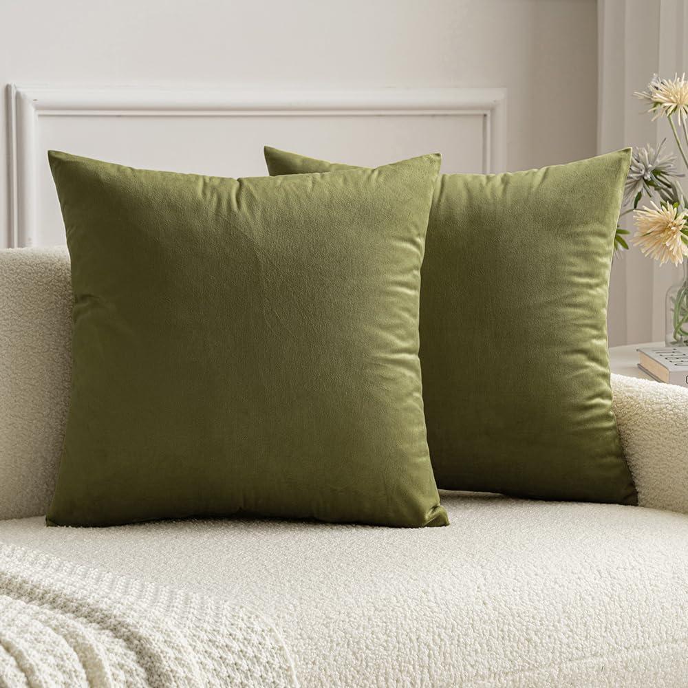 imageMIULEE Pack of 2 Velvet Soft Solid Decorative Square Throw Pillow Covers Christmas Cushion Case for Couch Sofa Bedroom Car 18x18 Inch 45x45 cm GreenOlive Green