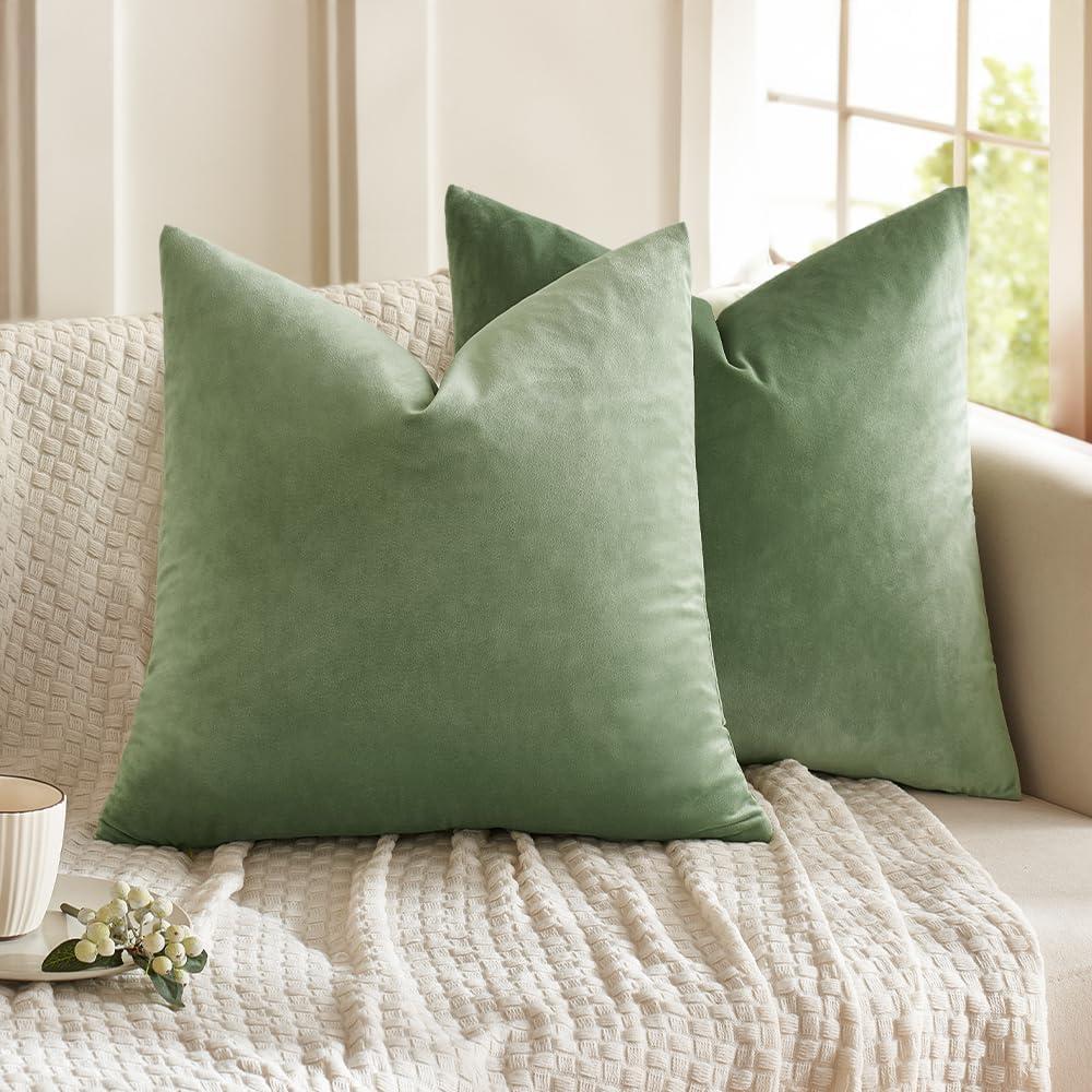 imageMIULEE Pack of 2 Velvet Soft Solid Decorative Square Throw Pillow Covers Christmas Cushion Case for Couch Sofa Bedroom Car 18x18 Inch 45x45 cm GreenSage Green