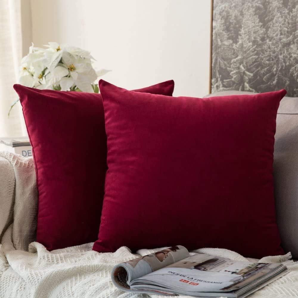 imageMIULEE Pack of 2 Velvet Soft Solid Decorative Square Throw Pillow Covers Christmas Cushion Case for Couch Sofa Bedroom Car 18x18 Inch 45x45 cm GreenWine Red