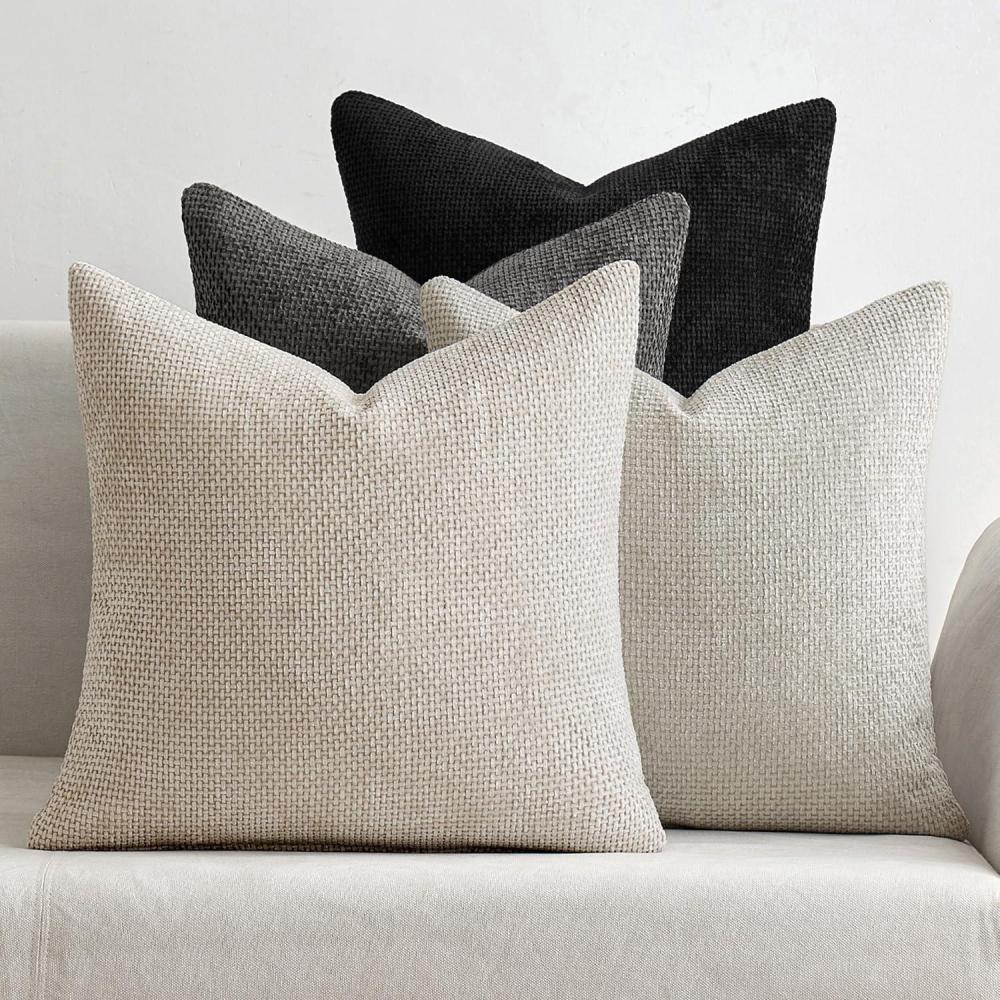 imageMIULEE Pack of 4 Couch Throw Pillow Covers 20x20 Inch Neutral Soft Decorative Chenille Pillow Covers Farmhouse Boho Cushion Covers for Mid Century Modern Home Decor Sofa Bedroom Living RoomNeutral CreamGrey