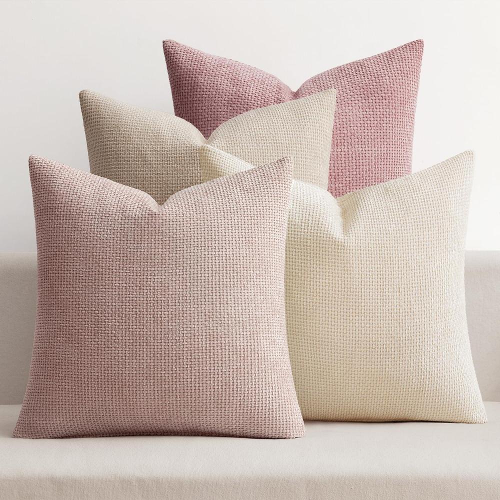 imageMIULEE Pack of 4 Couch Throw Pillow Covers 20x20 Inch Neutral Soft Decorative Chenille Pillow Covers Farmhouse Boho Cushion Covers for Mid Century Modern Home Decor Sofa Bedroom Living RoomNeutral Pink