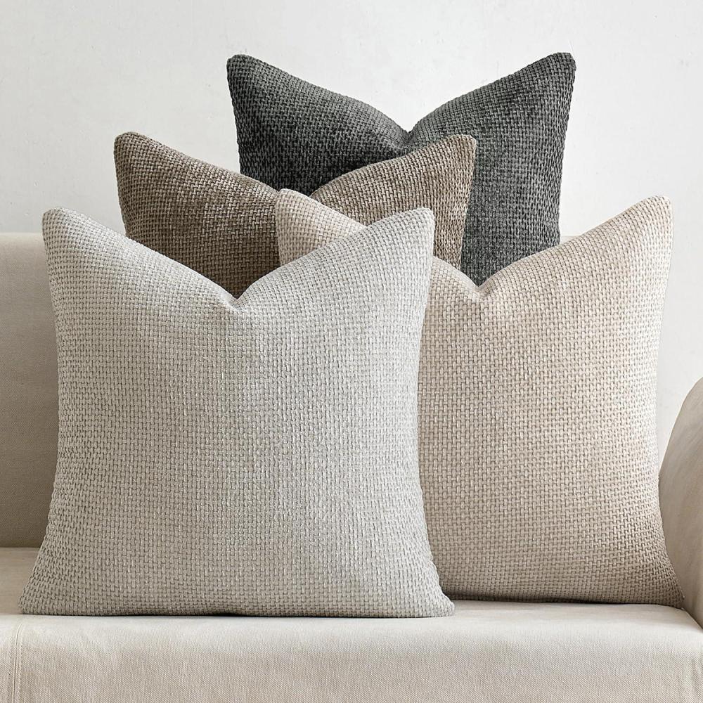 imageMIULEE Pack of 4 Couch Throw Pillow Covers 20x20 Inch Neutral Soft Decorative Chenille Pillow Covers Farmhouse Boho Cushion Covers for Mid Century Modern Home Decor Sofa Bedroom Living RoomNeutral